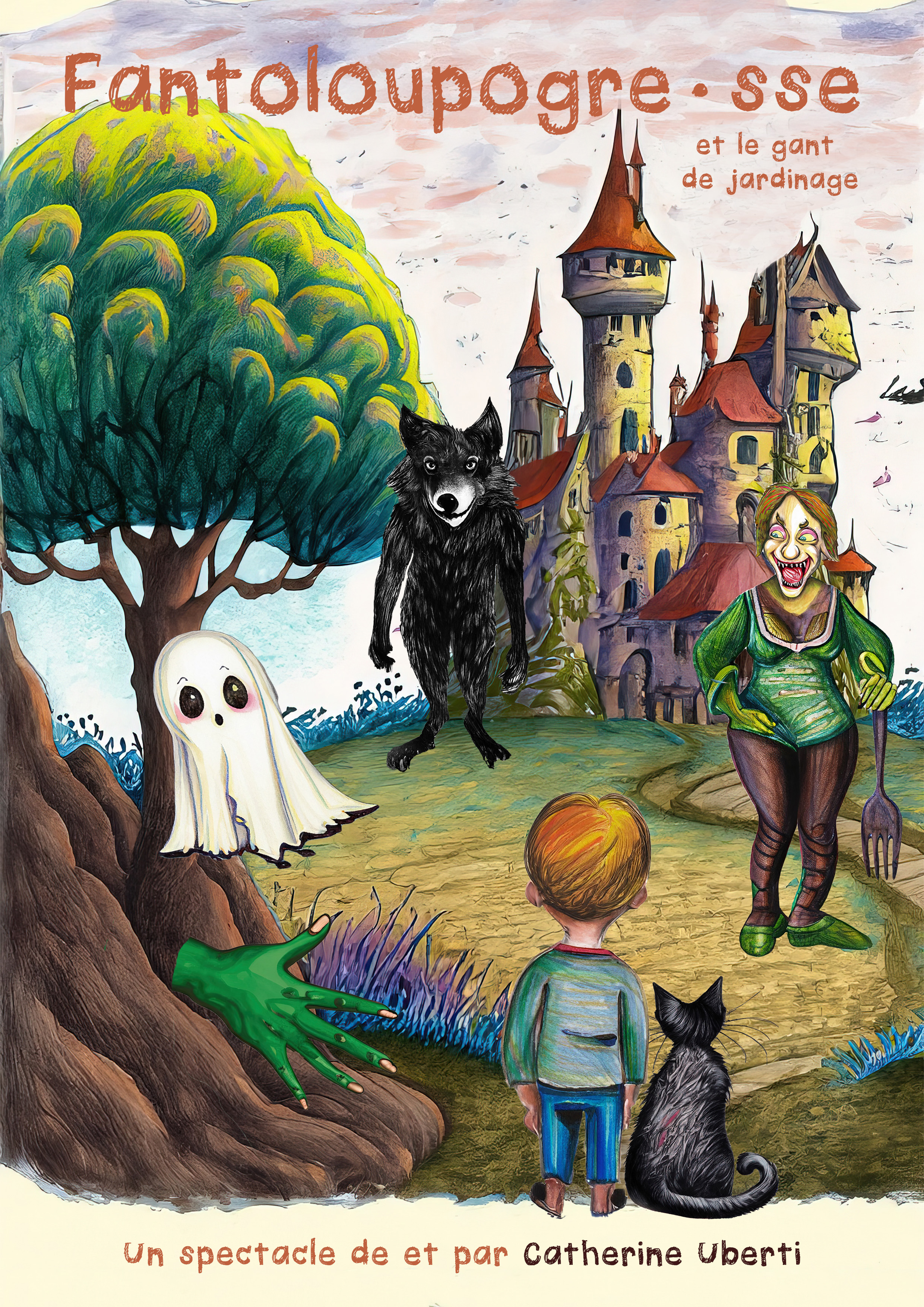 L'illustration du spectacle. Au fond, un château avec devant un loup, un ogresse et un fantôme  , tous de face, et à l'avant, de dos, un petit garçon et un chat noir. 
